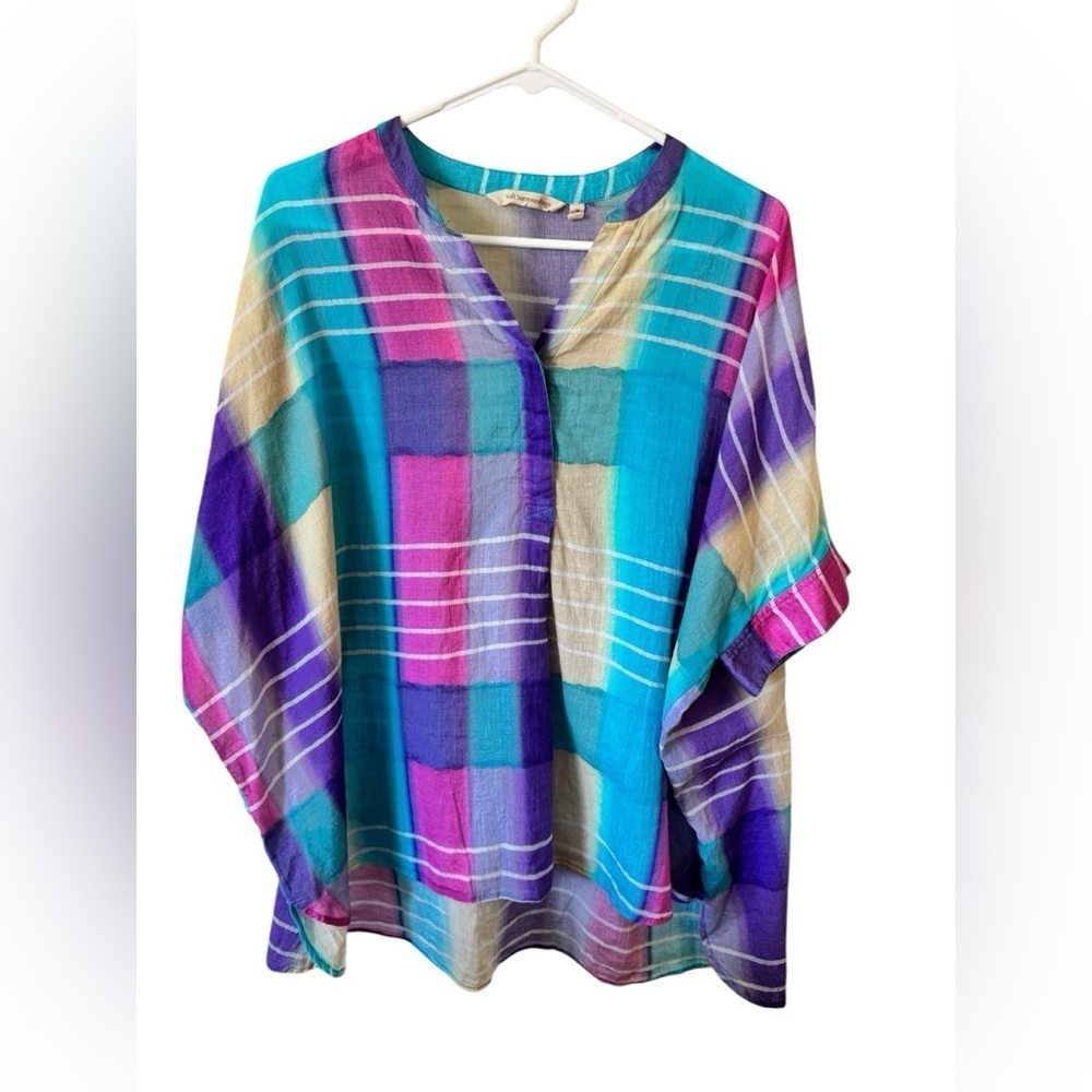 Soft Surroundings Blouse Tunic Top Painterly Plaid Shirt Multicolor Womens M